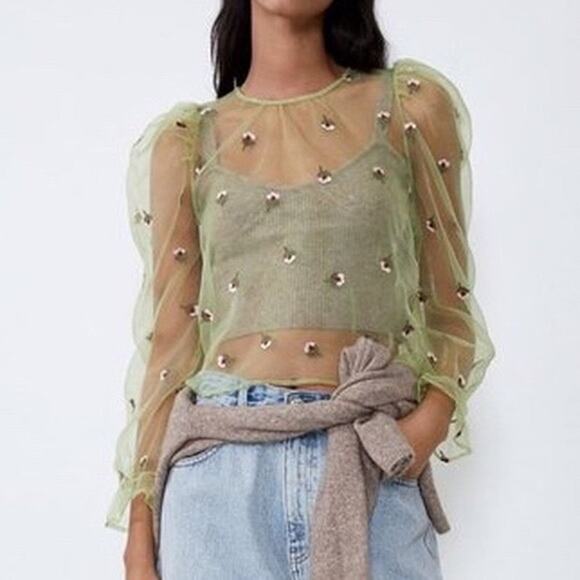 Zara Tops - Zara sheer sexy green Embroidered Organza blouse with red roses medium